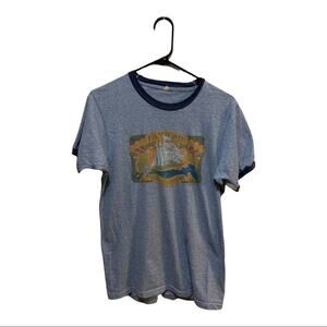 Vintage 70s 80s tee t-shirt single stitch ringer blue sailing boat nautical sz L